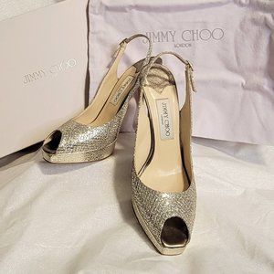 JIMMY CHOO Champagne Glitter Holiday Heels 39